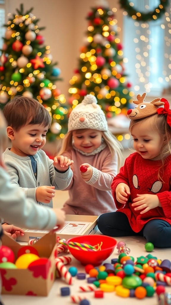 Fun Christmas Games for Toddlers Toddlers playing Christmas games, including a scavenger hunt and crafts, in a festive setting.